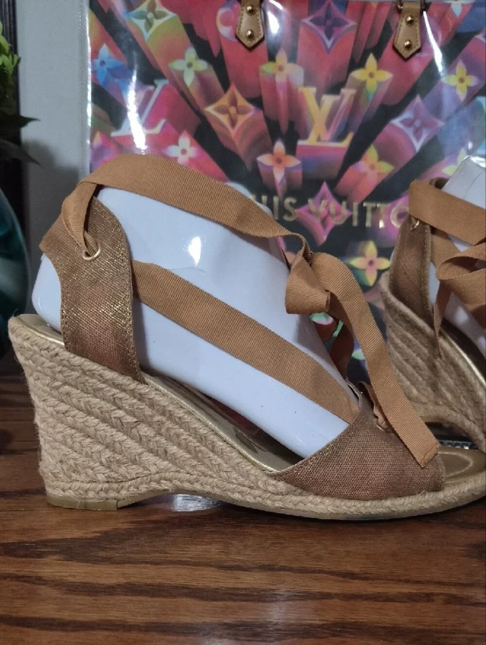 ANTONIO MELANI Tan Lace-Up Espadrille Wedge Sandals